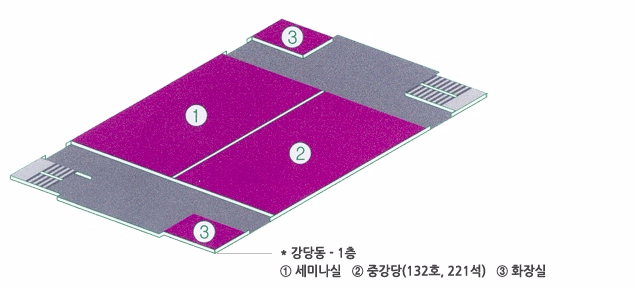강당동-1층 ① 세미나실, ② 중강당(132호, 221석), ③ 화장실