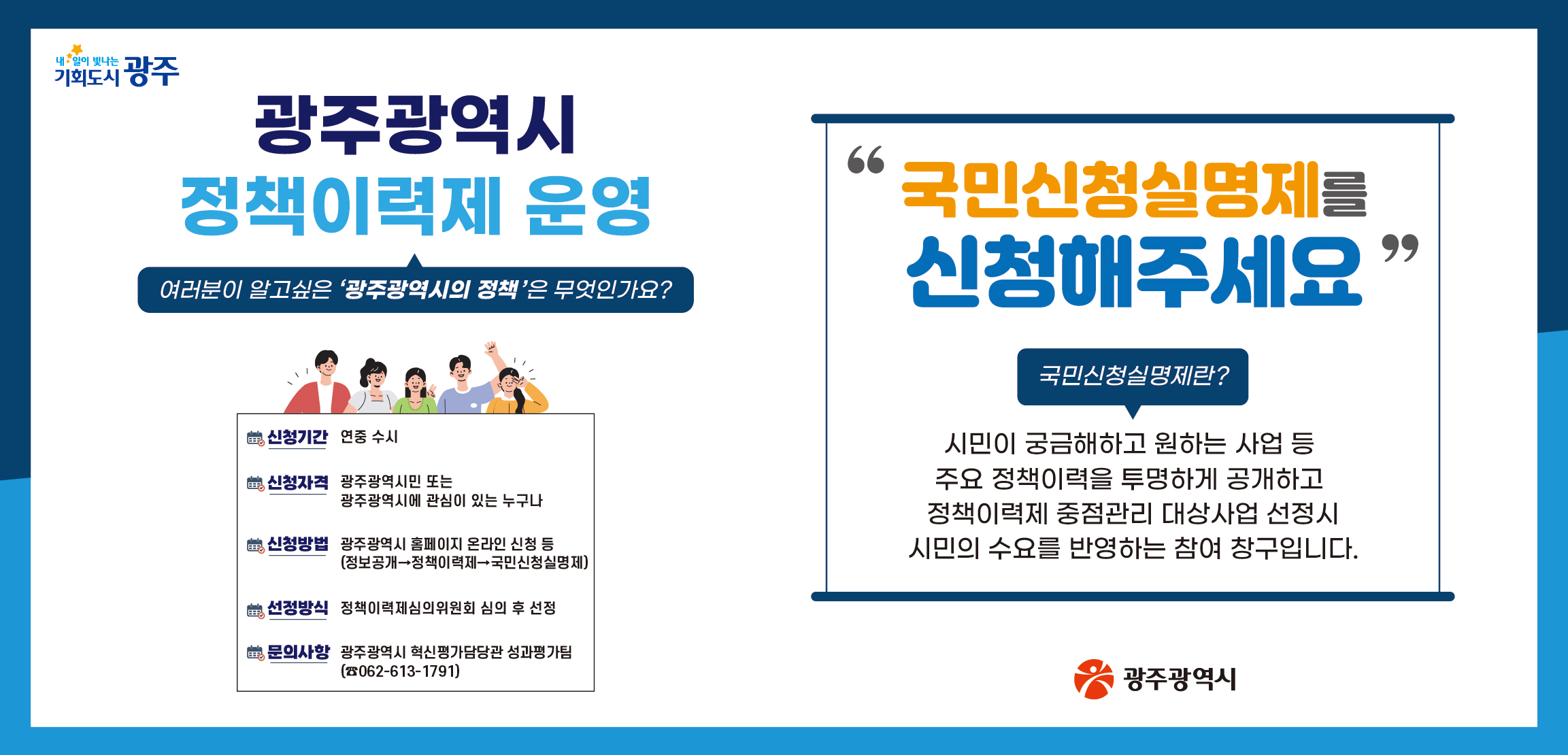 내일이 빛나는 기회도시 광주 슬로건, 광주광역시 정책이력제 운영, 여러분이 알고싶은 광주광역시의 정책은 무엇인가요? 신청기간: 연중 수시, 신청자격: 광주광역시민 또는 광주광역시에 관심이 있는 누구나, 신청방법: 광주광역시 홈페이지 온라인 신청 등 (정보공개→정책이력제→국민신청실명제), 선정방식: 정책이력제심의위원회 심의 후 선정, 문의사항: 광주광역시 혁신평가담당관 성과평가팀(☎062-613-1791), 국민신청실명제를 신청해주세요, 국민신청실명제란? 시민이 궁금해하고 원하는 사업 등 주요 정책이력을 투명하게 공개하고 정책이력제 중정관리 대상사업 선정시 시민의 수요를 반영하는 참여 창구입니다. 광주광역시 로고
