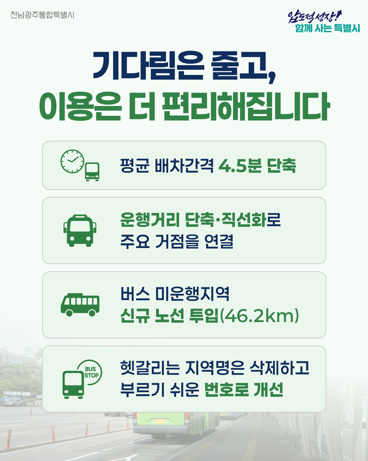 기다림은 줄고, 이용은 더 편리해집니다 평균 배차 간격 4.5분 단축 운행거리 단축 직선화로 주요거점을 연결 버스 미운행 지역 신규노선 투입(46.2km) 헷갈리는 지역명은 삭제하고 부르기 쉬운 번호로 개선
