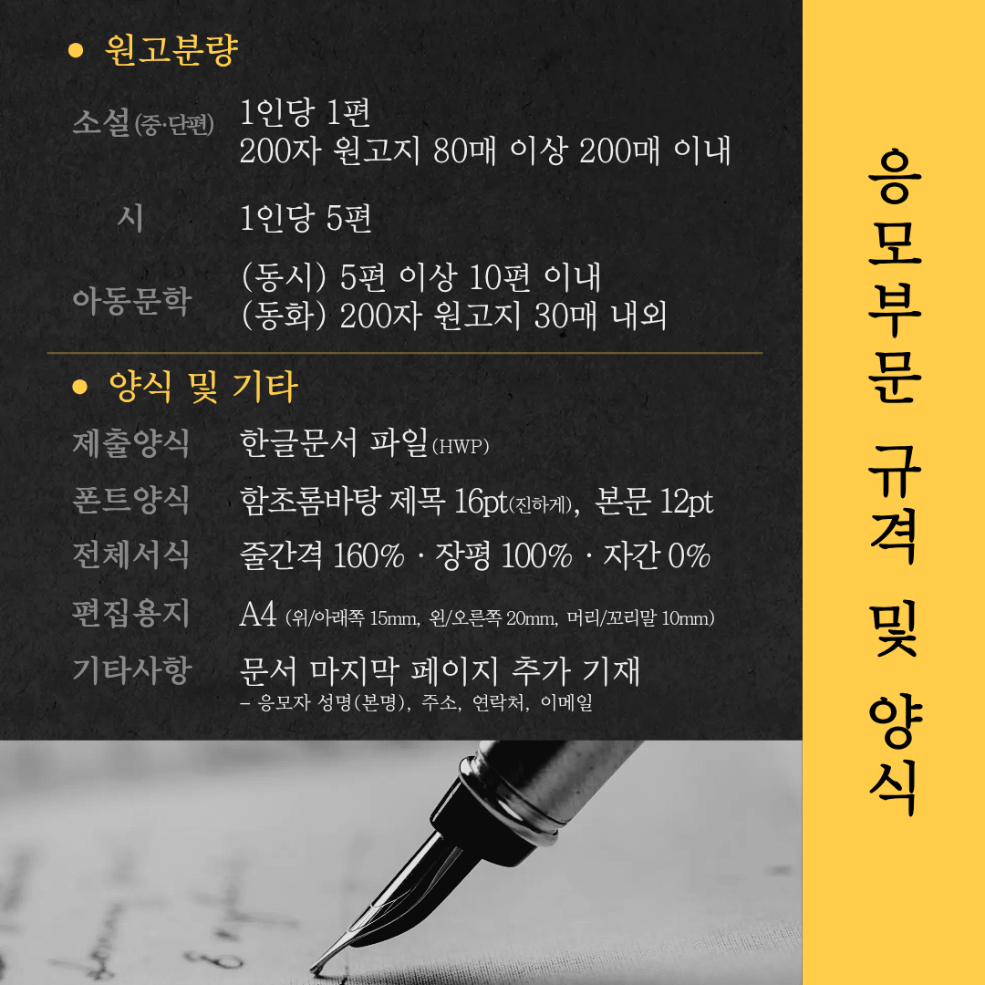 응모부문 규격 및 양식 ● 원고분량 소설(중·단편) 1인당 1편 200자 원고지 80매 이상 200매 이내 시 1인당 5편 아동문학 (동시) 5편 이상 10편 이내 (동화) 200자 원고지 30매 내외 ● 양식 및 기타 제출양식 : 한글문서 파일(HWP) 폰트양식 : 함초롬바탕 제목 16pt(진하게), 본문 12pt 전체서식 : 줄간격 160% · 장평 100% · 자간 0% 편집용지 : A4 (위/아래쪽 15mm, 왼/오른쪽 20mm, 머리/꼬리말 10mm) 기타사항 : 문서 마지막 페이지 추가 기재 - 응모자 성명(본명), 주소, 연락처, 이메일